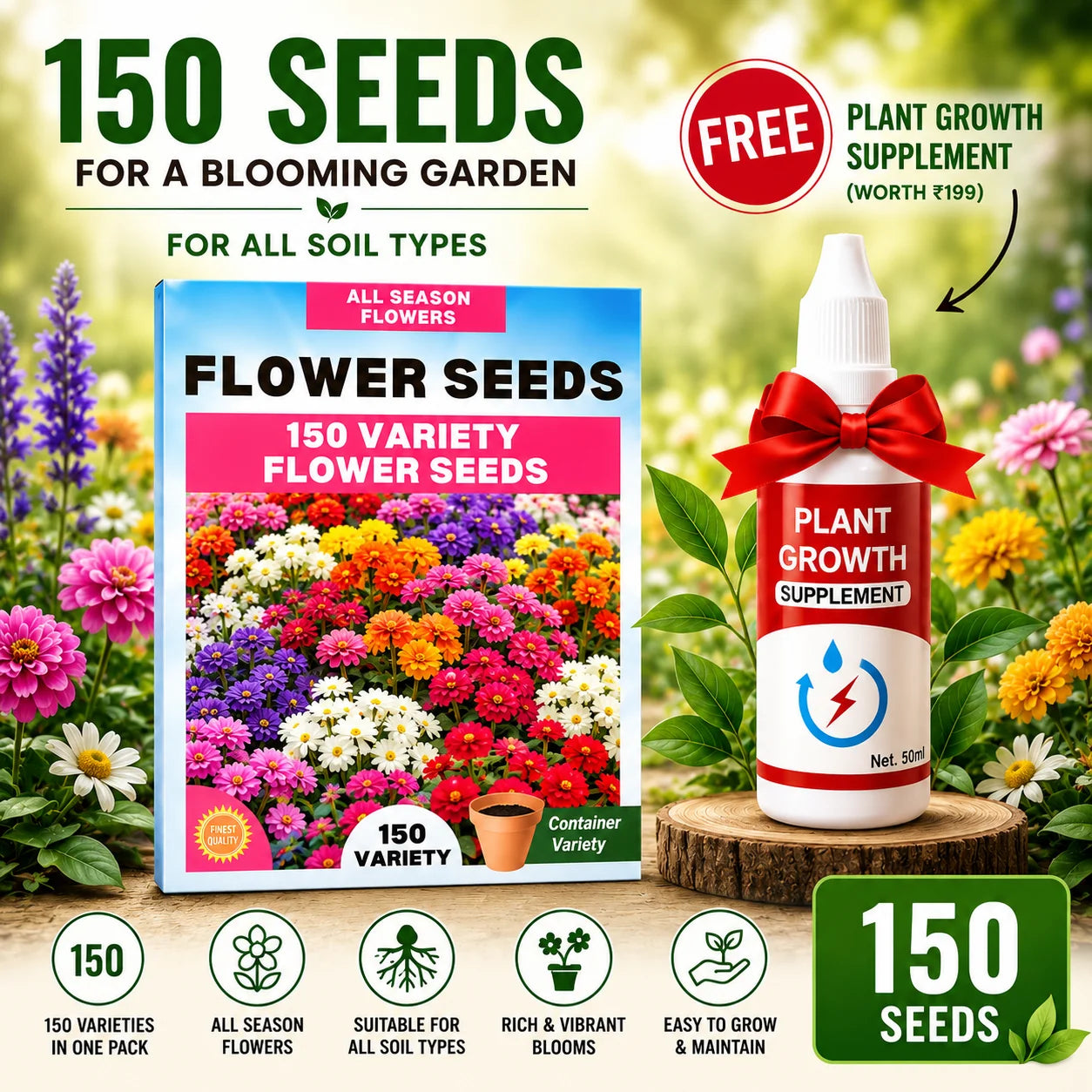 150 Variety Organic Flower Seeds Pack with Free Plant Growth Supplement