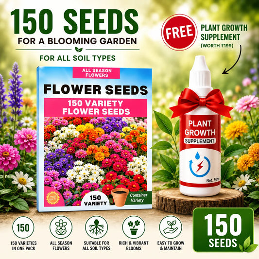 150 Variety Organic Flower Seeds Pack with Free Plant Growth Supplement
