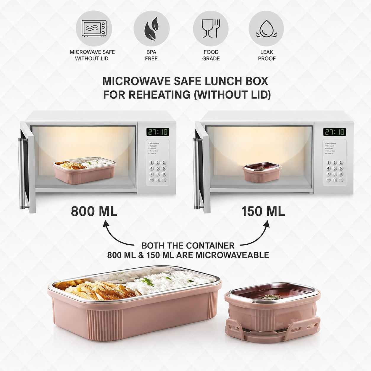 Microwave-Safe Stainless Steel Lunch Box (800ml+150 ml)