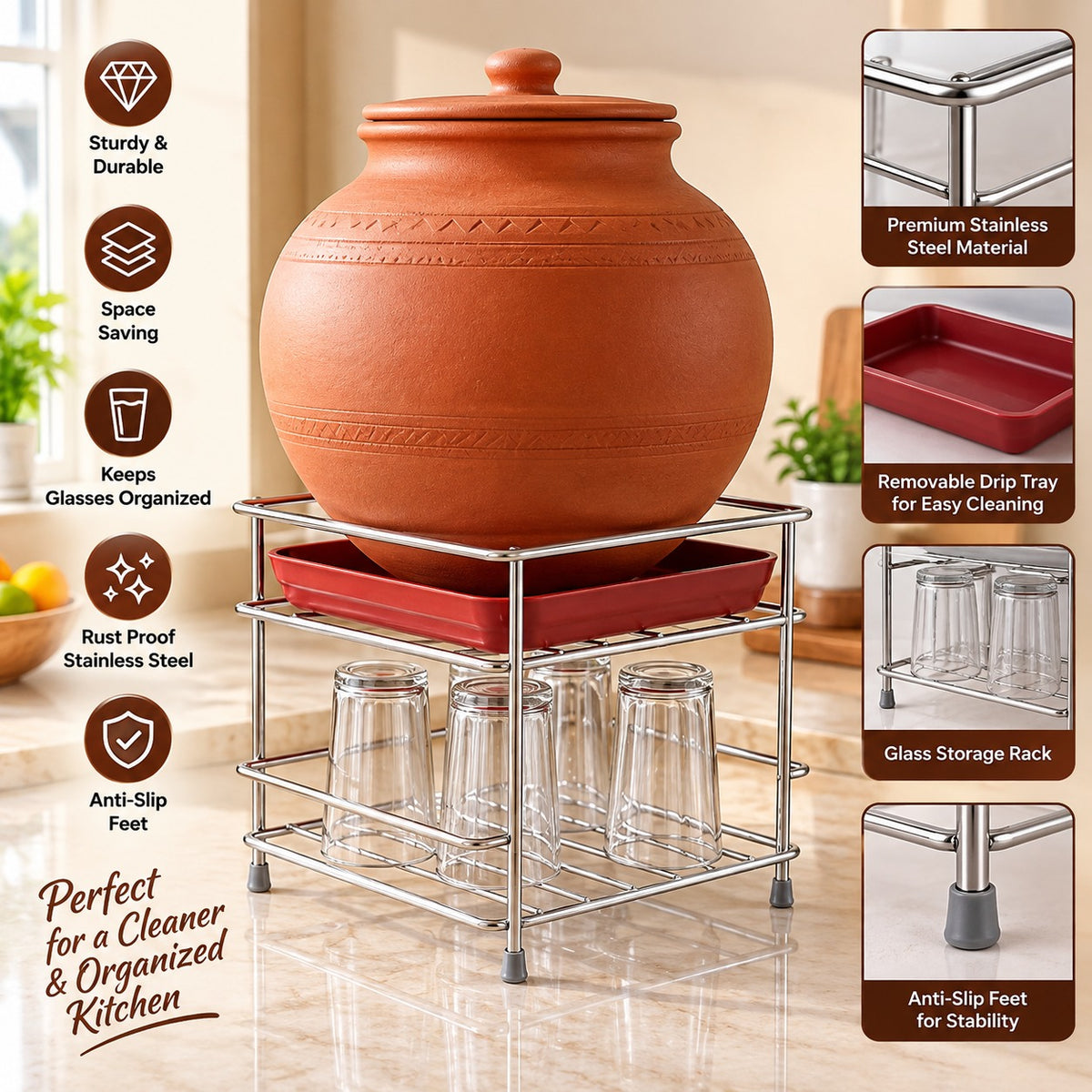 Stainless Steel Matka Stand with Removable Tray