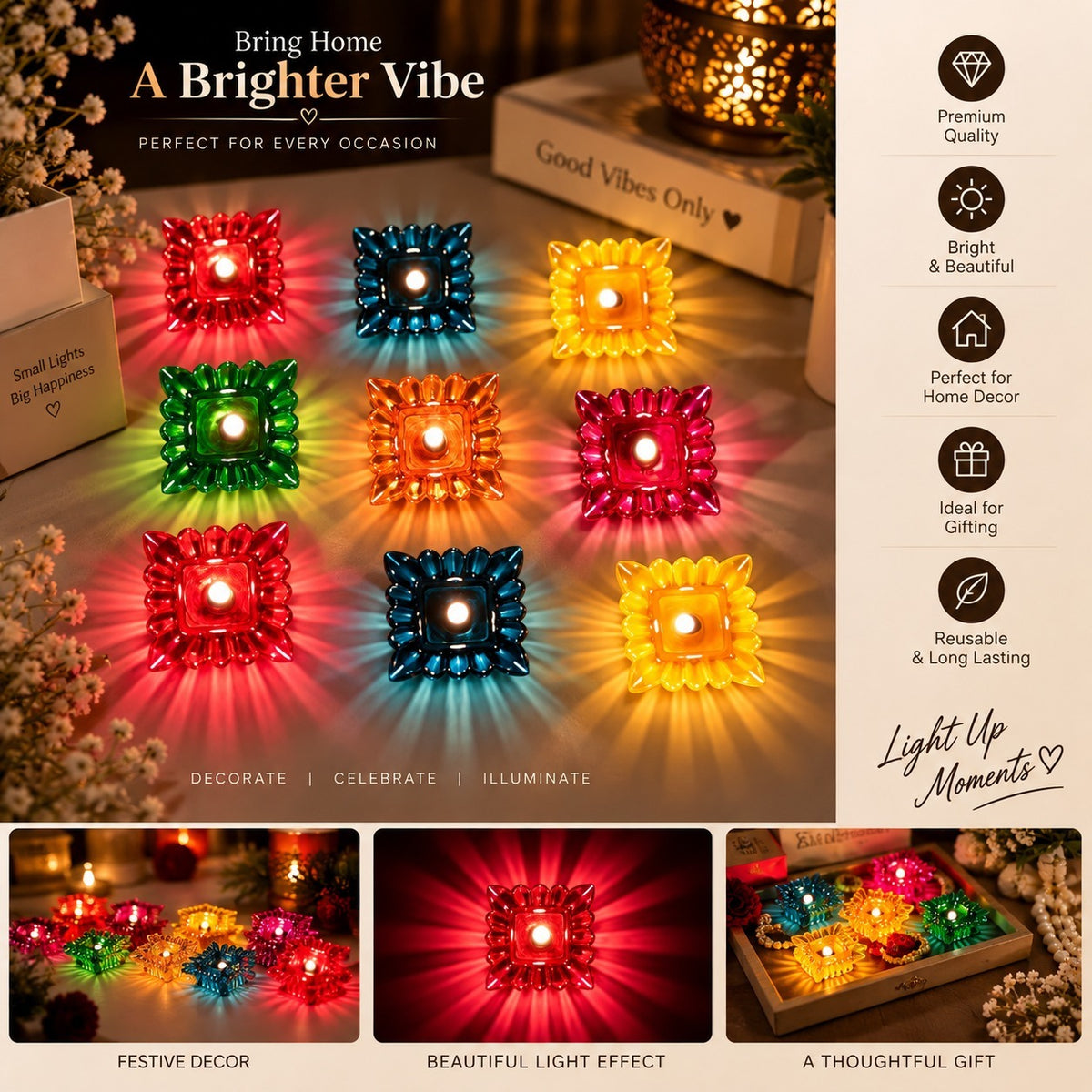 Multicolour Diwali Diyas Colourful 3D 2 IN 1 Reflection Diya (Pack of 12)