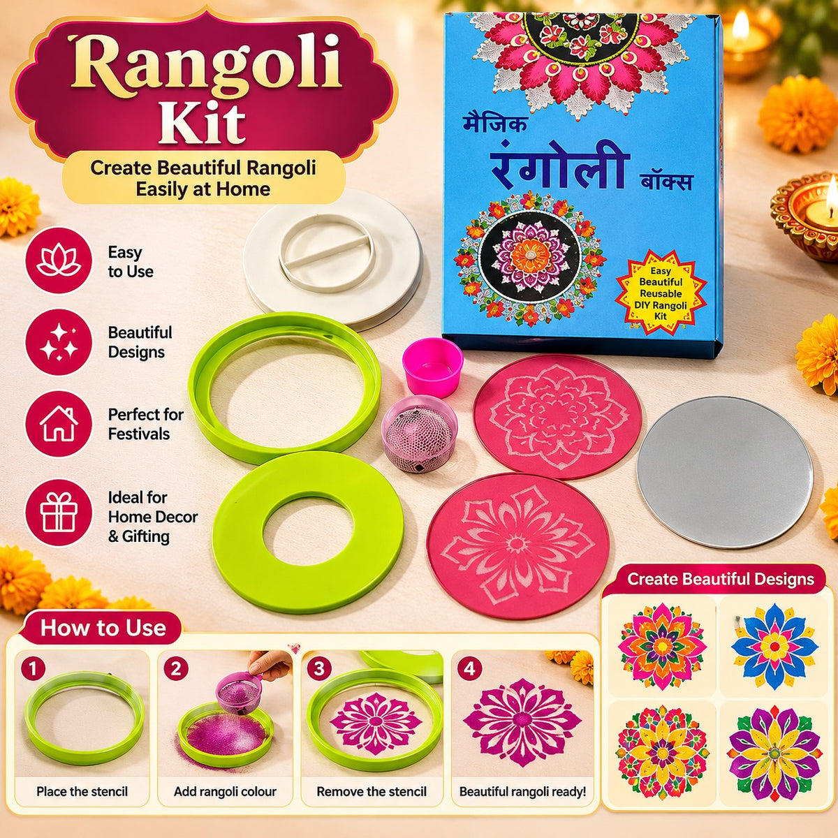 Magic Rangoli Making Kit Box with Tool, 4-Inch Printed & Plain Jali Stencils