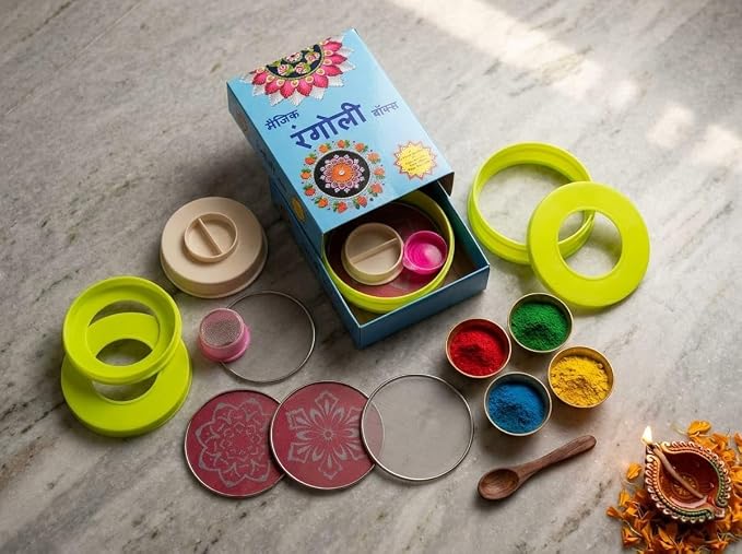 Magic Rangoli Making Kit Box with Tool, 4-Inch Printed & Plain Jali Stencils