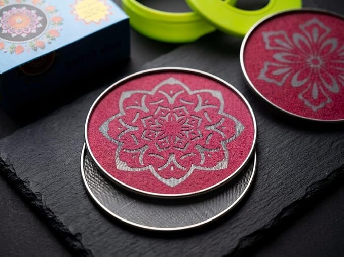 Magic Rangoli Making Kit Box with Tool, 4-Inch Printed & Plain Jali Stencils