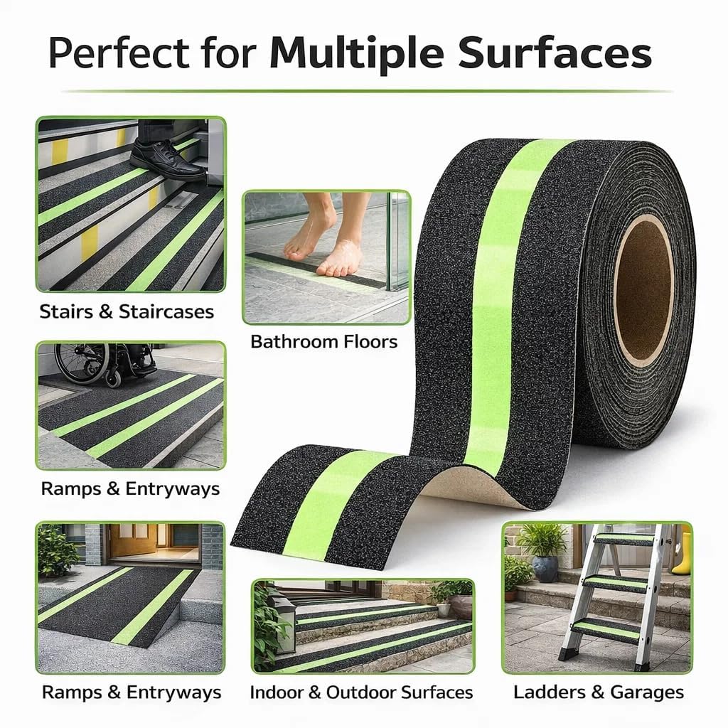 (Pack of 2) Adhesive Non-Slip Tape - Anti Slip Tape with Glow in Dark Stripe for Stairs