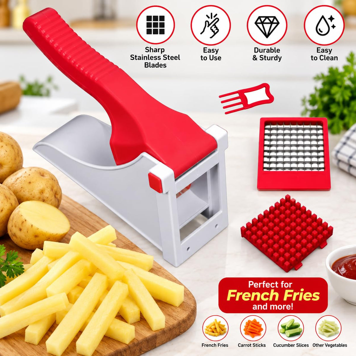 French Fries Cutter – Heavy Duty Vegetable Slicer for Carrots, Cucumber, Potatoes