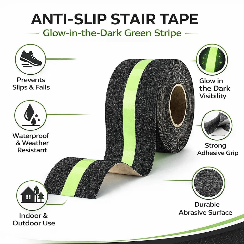 (Pack of 2) Adhesive Non-Slip Tape - Anti Slip Tape with Glow in Dark Stripe for Stairs
