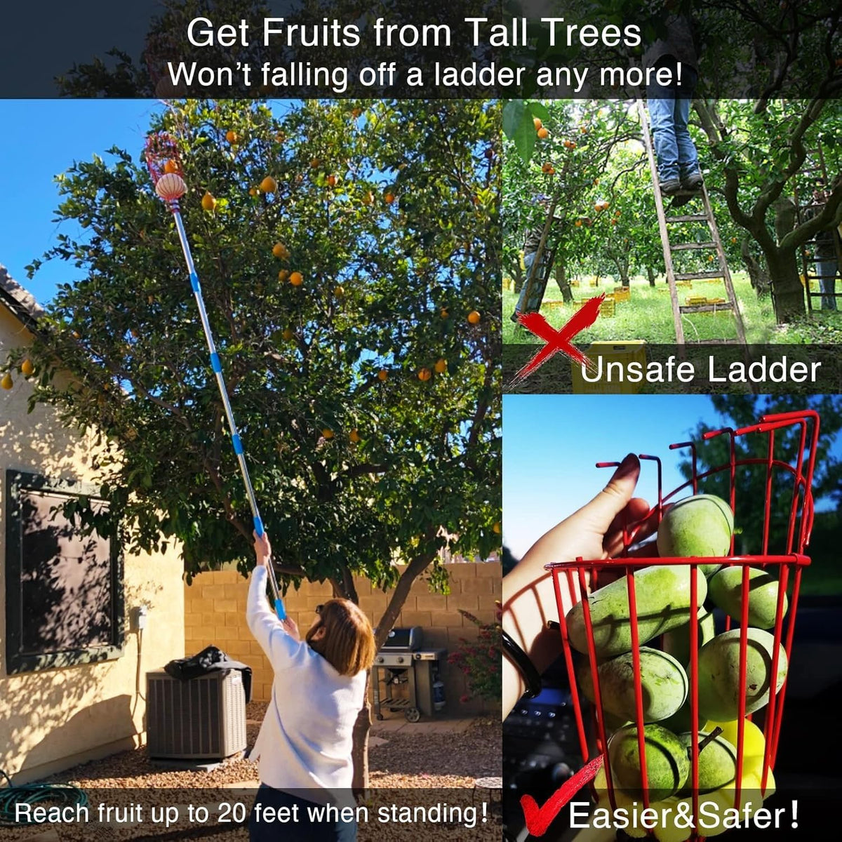 Heavy-Duty Fruit Picker Tool with Stainless Steel Connecting Pole