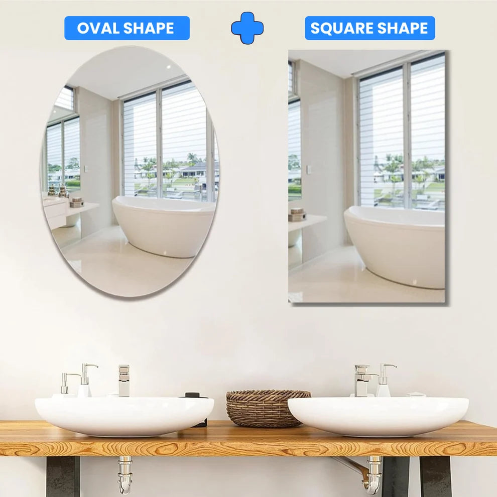 Combo of Oval Shape & Square Shape Mirror – Self Adhesive Wall Mirror