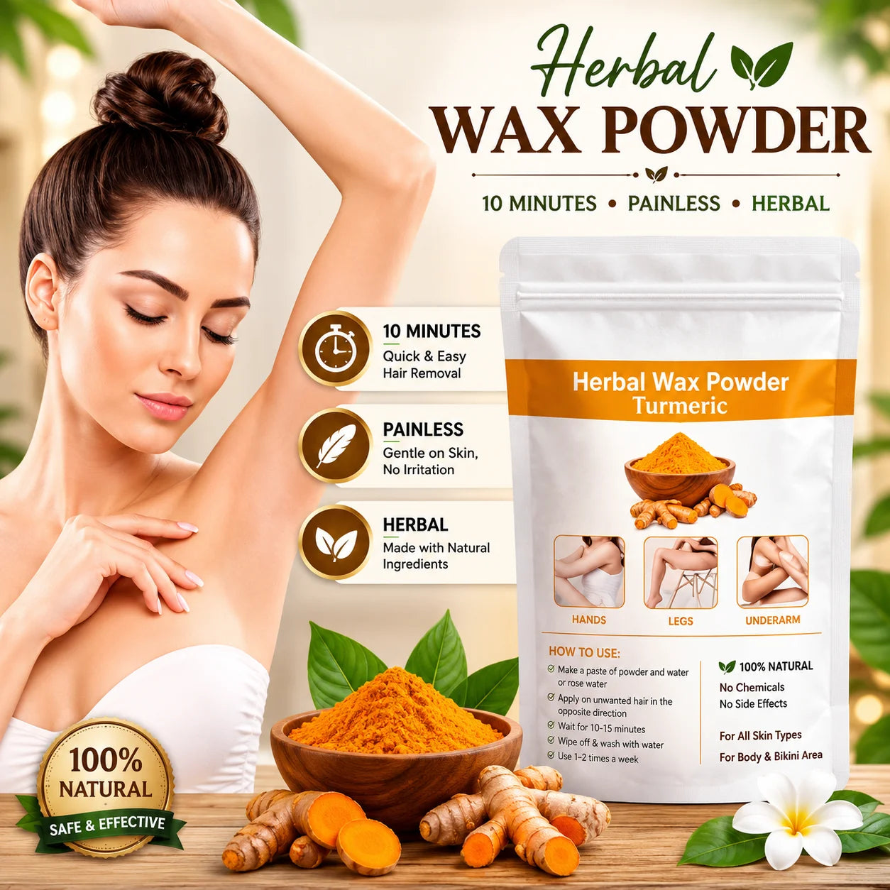 (Pack of 3) Best Turmeric Wax Powder 100gm – Herbal Hair Removal Powder