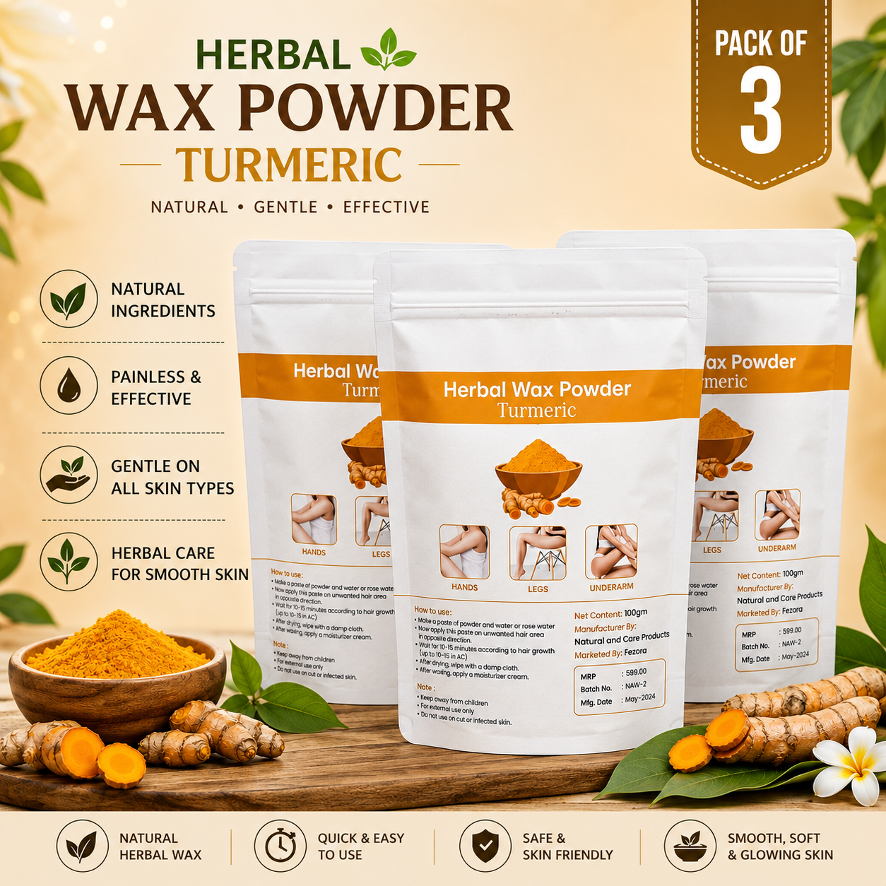 (Pack of 3) Best Turmeric Wax Powder 100gm – Herbal Hair Removal Powder