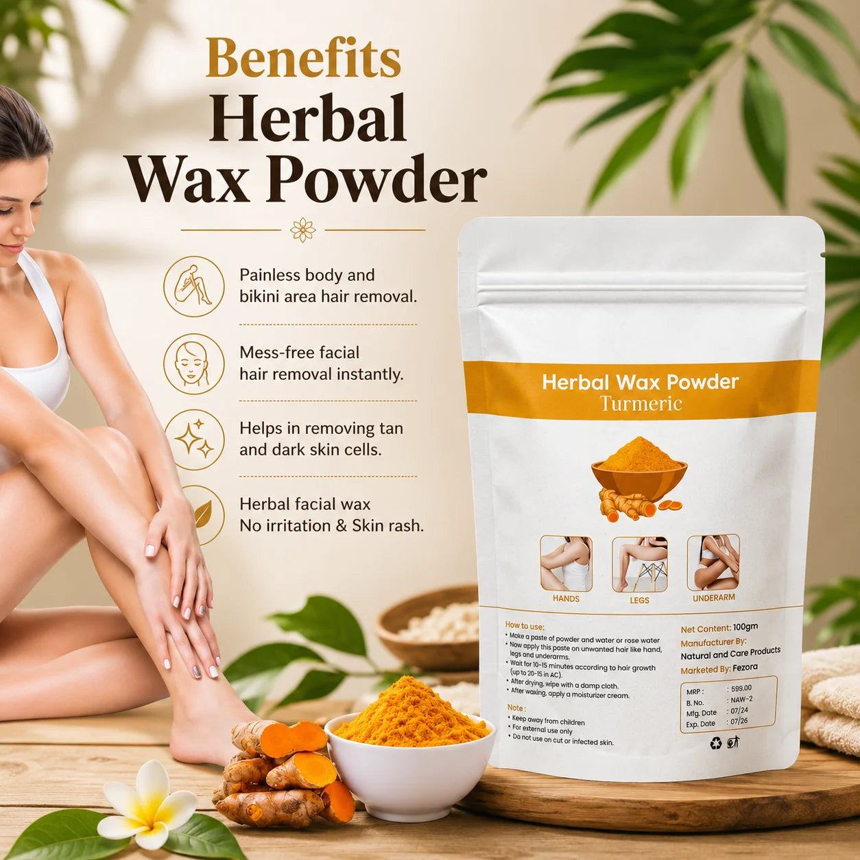(Pack of 3) Best Turmeric Wax Powder 100gm – Herbal Hair Removal Powder