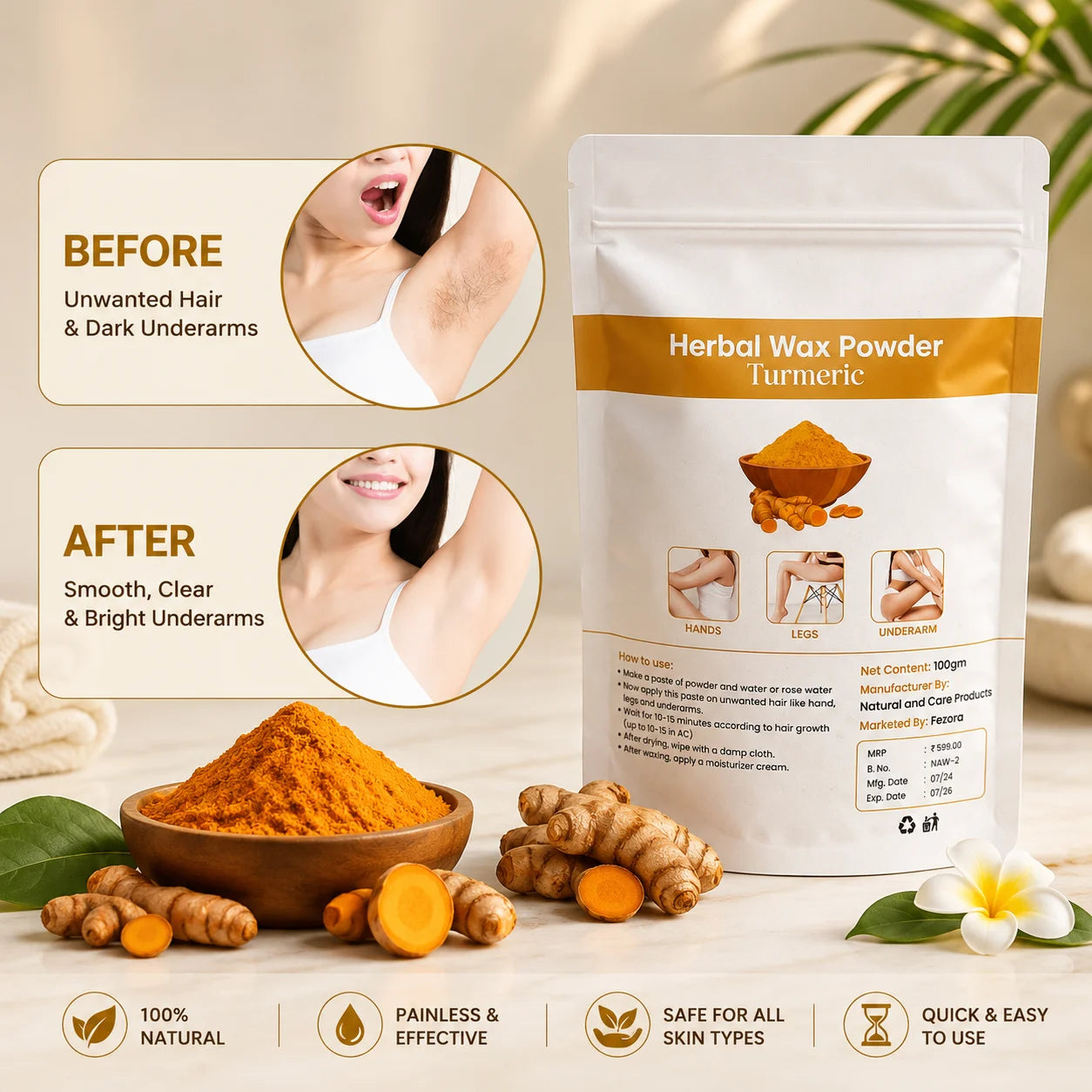 (Pack of 3) Best Turmeric Wax Powder 100gm – Herbal Hair Removal Powder
